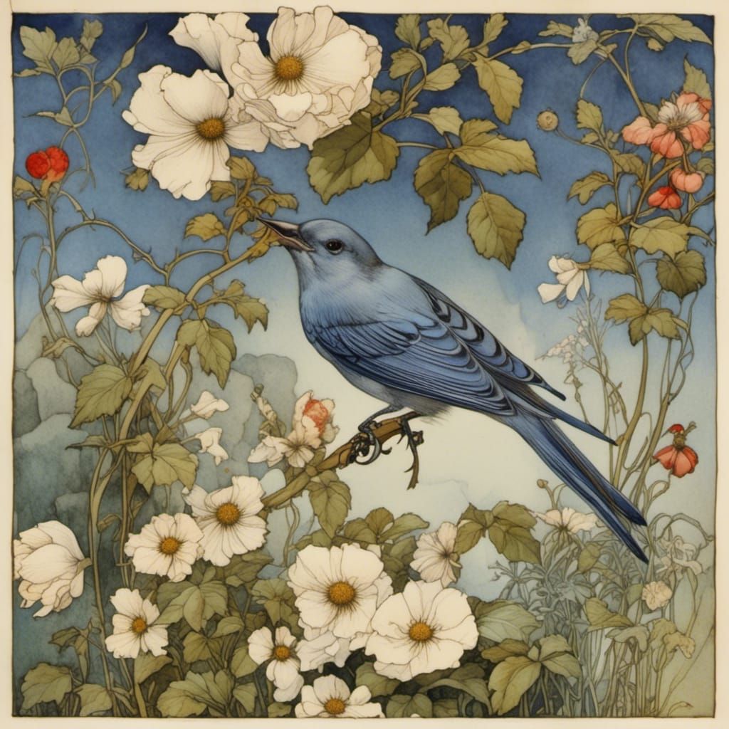 Bird Song in Blooming Garden: Collage Mixed-Media