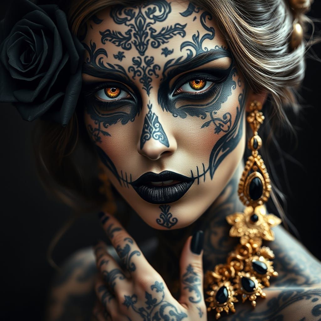 Mysterious Woman with Golden Eyes and Skull Face Paint