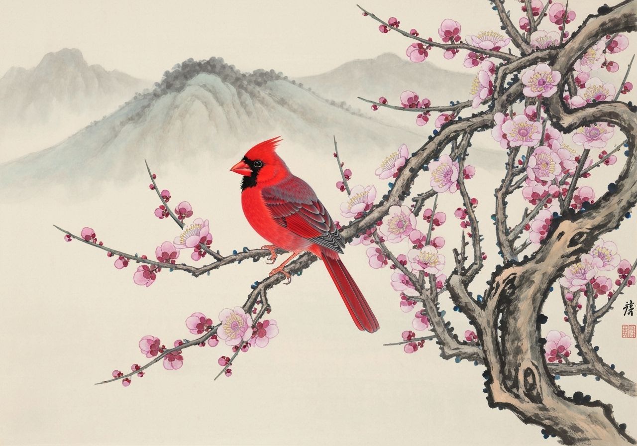 Red Cardinal in Traditional Chinese Painting Style