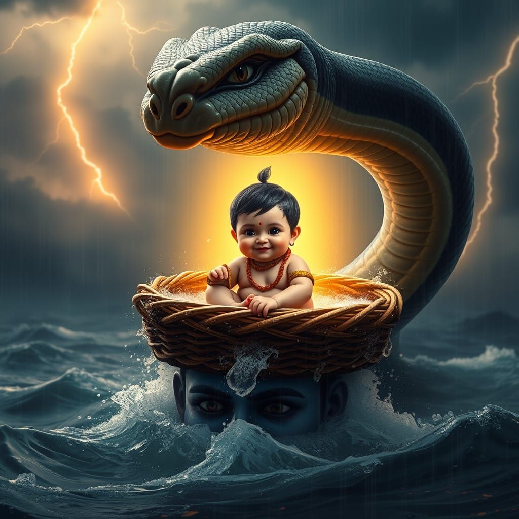 Majestic Vasudeva Protects Chubby Krishna Amidst Turbulent W...