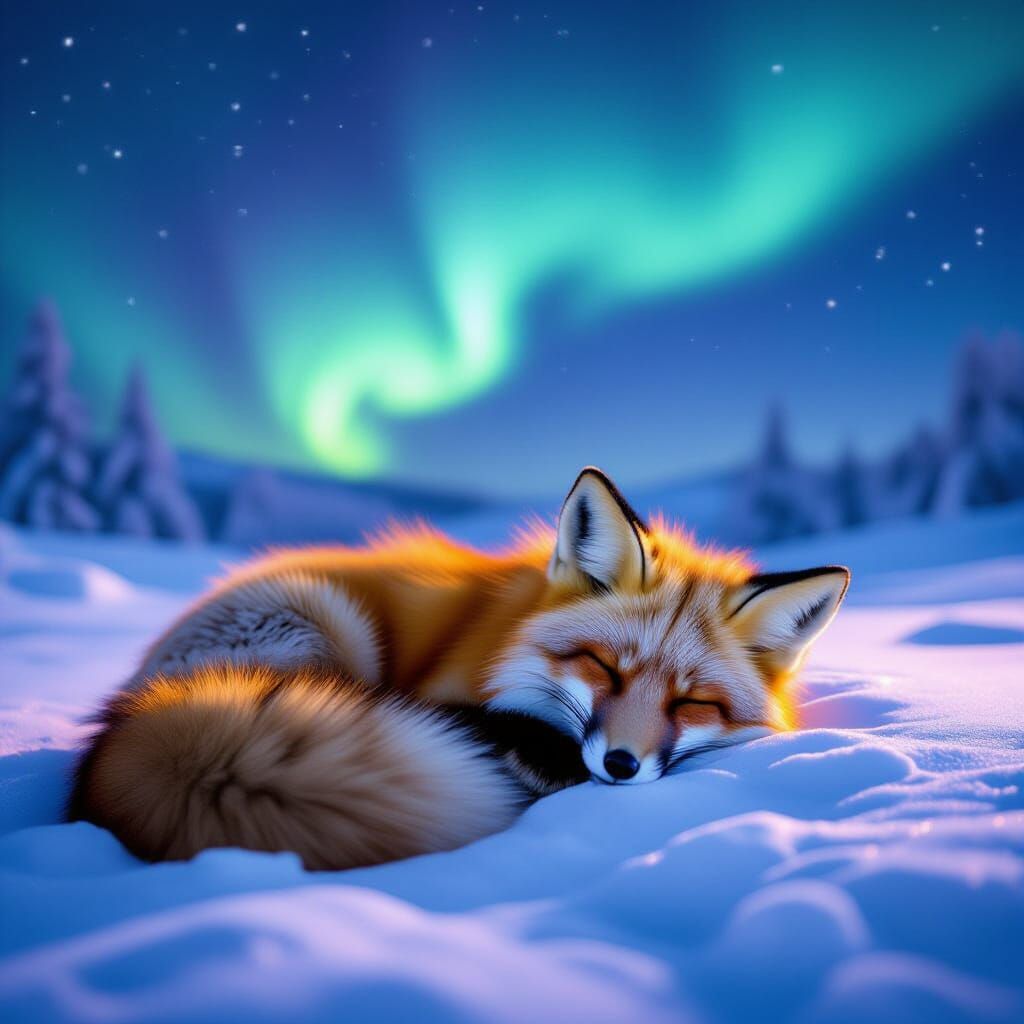 Red Fox Sleeps Under Aurora Borealis in Glowing Snow