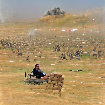 Solitary Figure in War-Torn Landscape