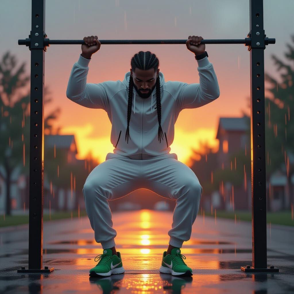 Fit Man Doing Pull-Ups in Rain at Sunset