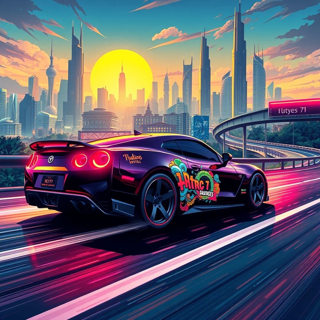 Neon Sports Car Speeds Through Futuristic Cityscape