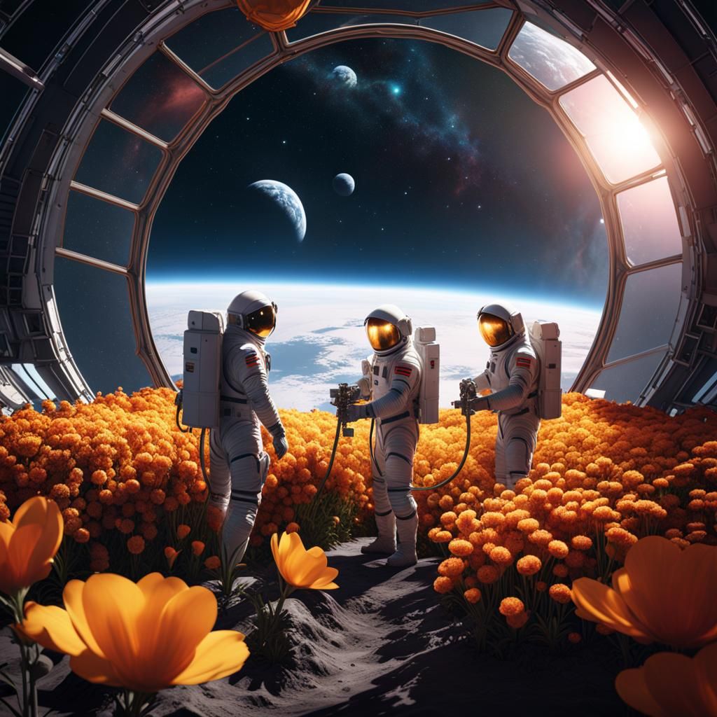 Astronauts' Lunar Flower Garden: Detailed Matte Painting