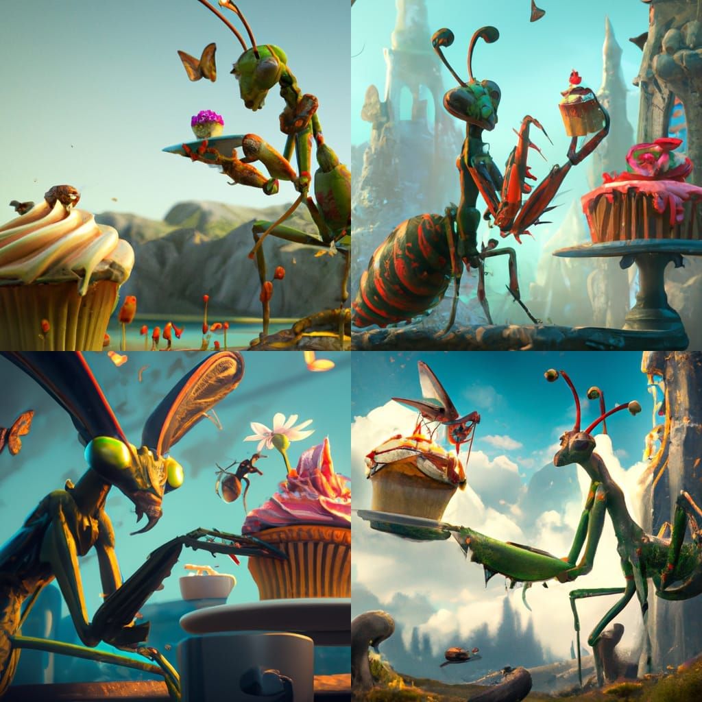 Praying Mantis Eating Cupcake: Detailed Matte Painting