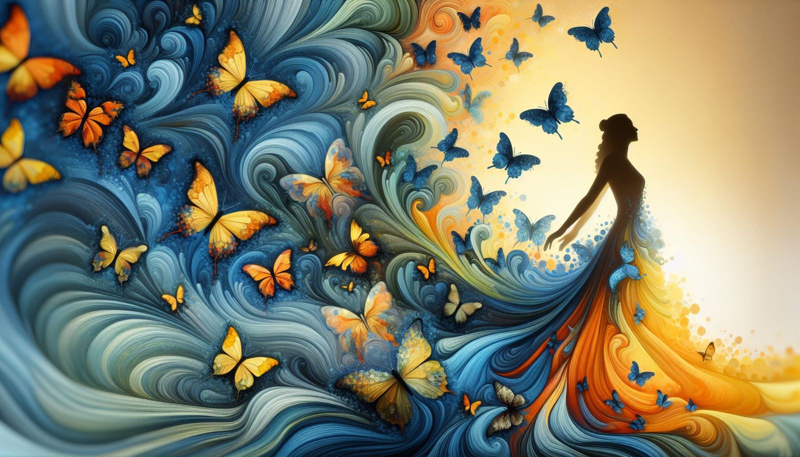 Woman Surrounded by Swirling Butterflies and Waves