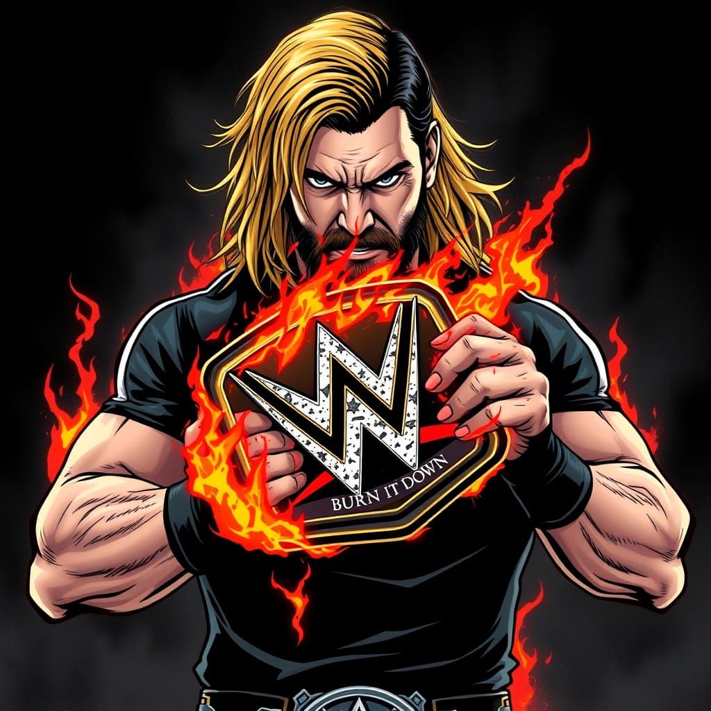 Seth Rollins with Flaming WWE Championship in Comic Style