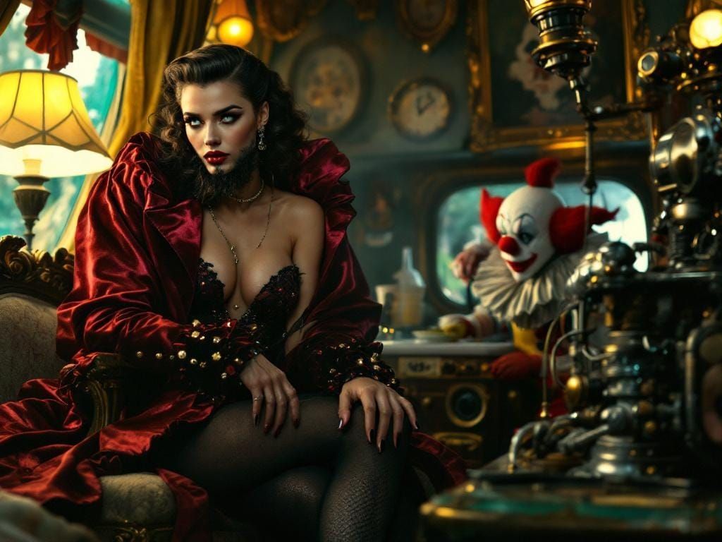 Glamorous Bearded Lady in Surrealist Circus Scene