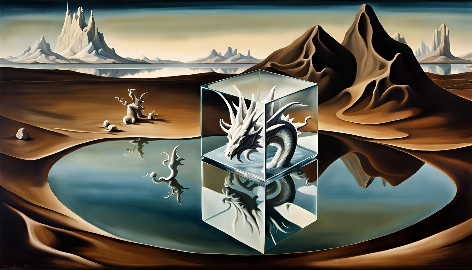 White Dragon in Glass Cube: Surrealist Matte Painting