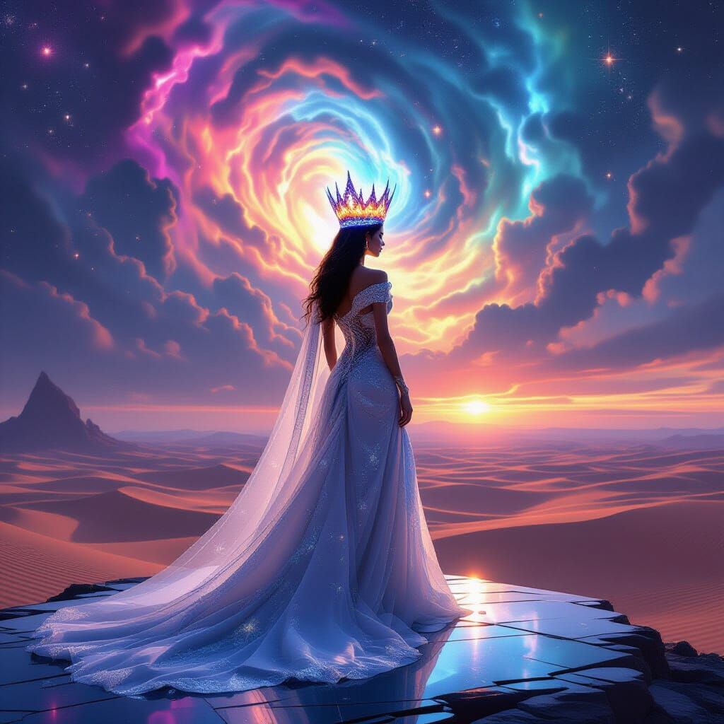 Regal Queen on Crystal Platform Under Nebula Sky