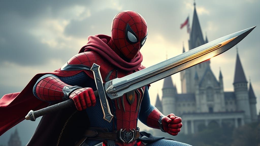 Medieval Spider-Man Wields Sword in Castle Battleground