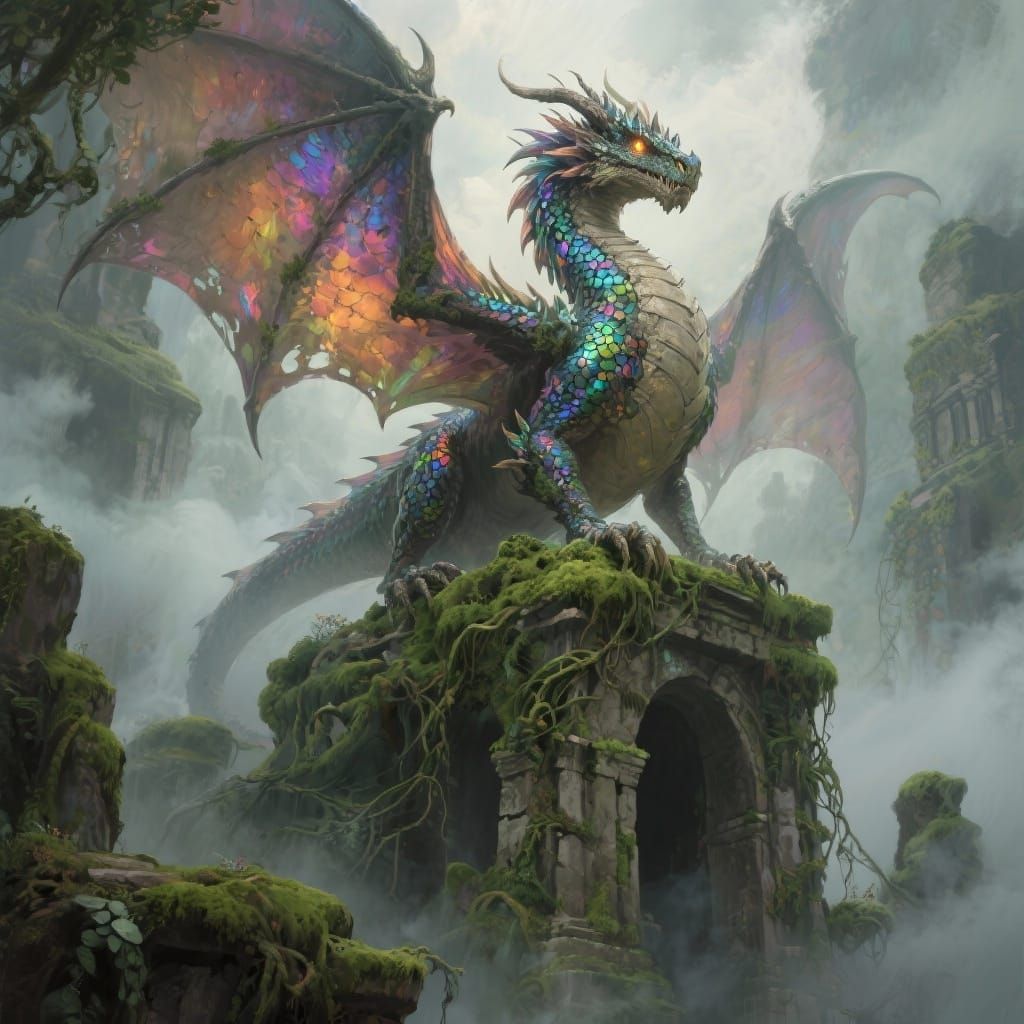 Majestic Dragon on Ancient Ruins with Ethereal Mist