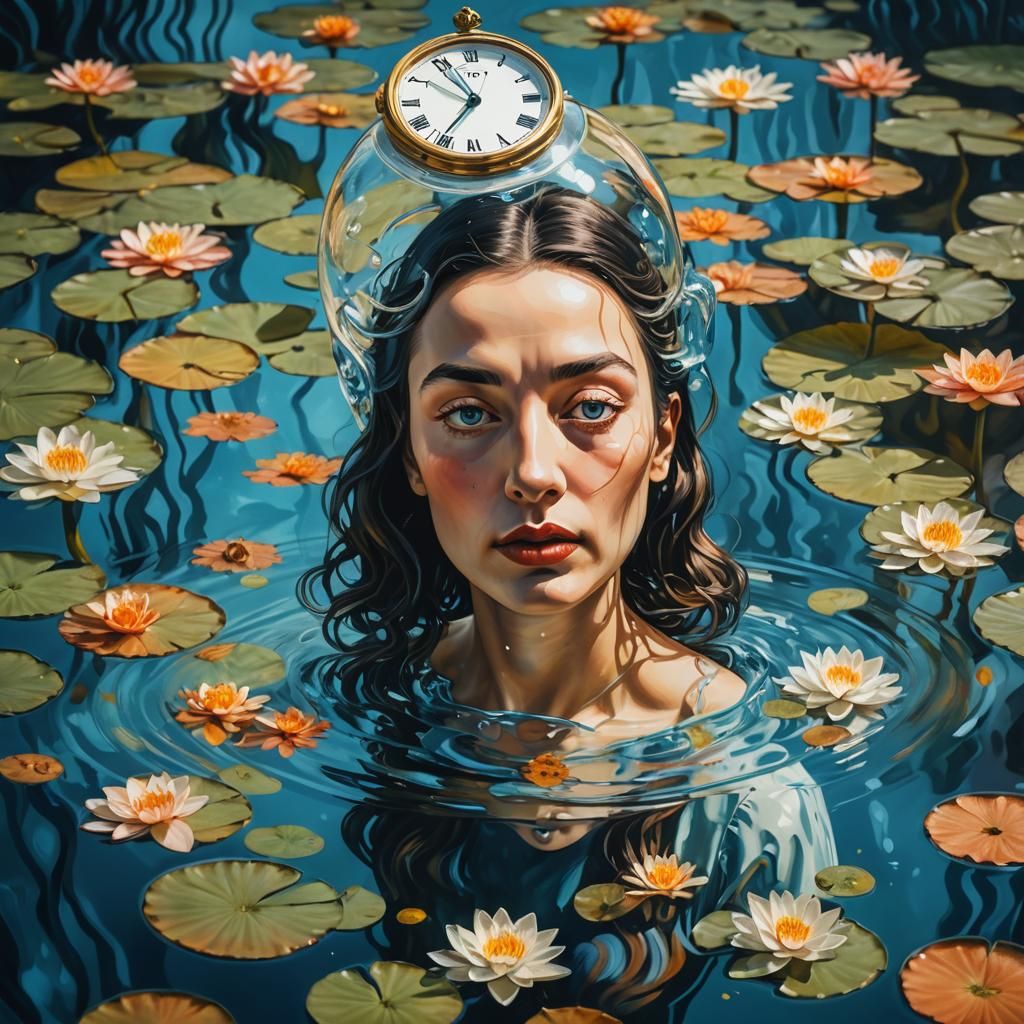 Surreal Woman with Fishbowl in Dreamlike Setting