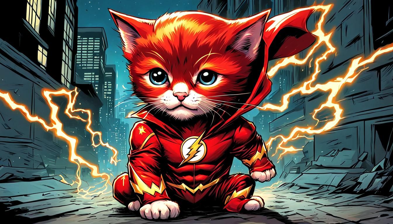 Kitten as The Flash Comic Book Art