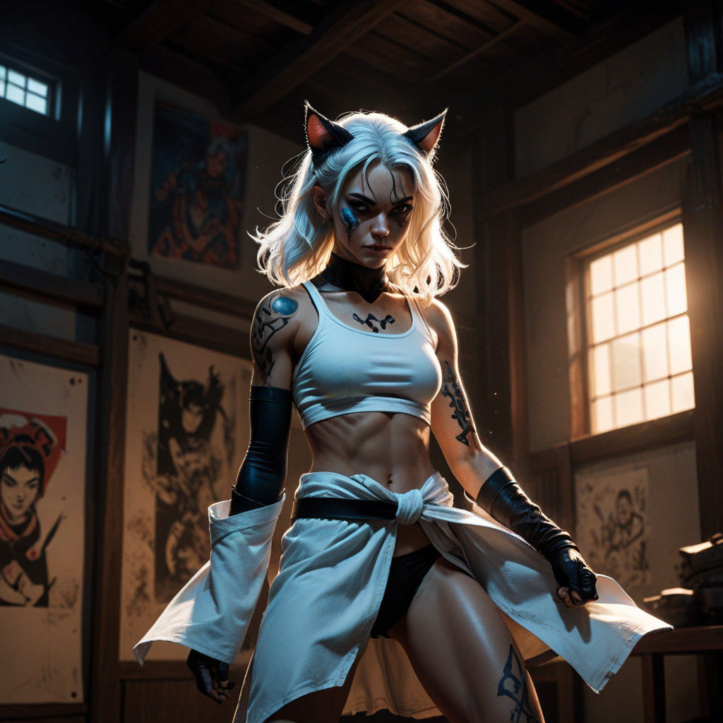 Fierce Catgirl Warrior in Noir Comic Book Style