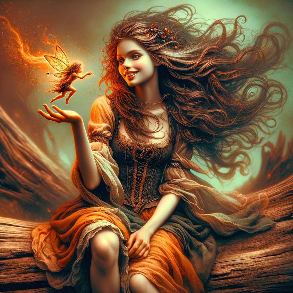 Norse Goddess with Fire Sprite in Romantic Gothic Style