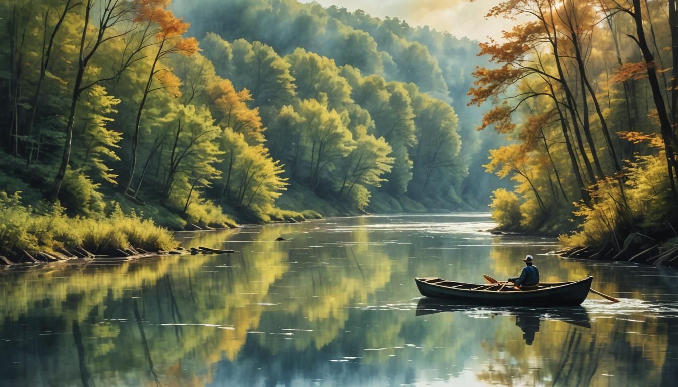 Rowboat Navigating Pennsylvania River: Digital Watercolor Ar...