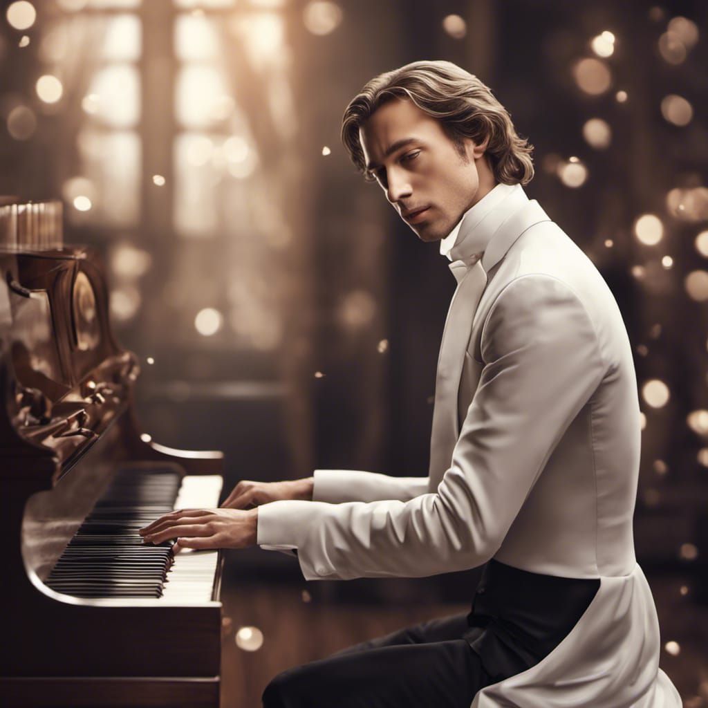 Passionate Chopin Piano Portrait in Hyperdetailed Splash Art