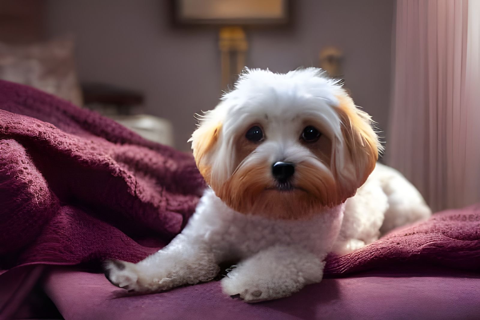 Adorable Dog Portrait in Cozy Bed, Digital Art
