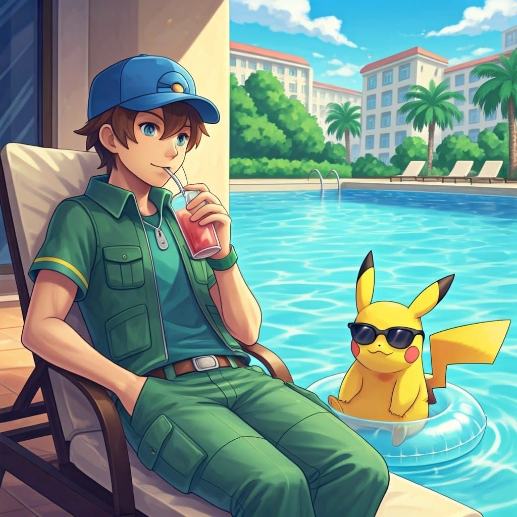 Pokémon Trainer and Pikachu Relaxing Poolside