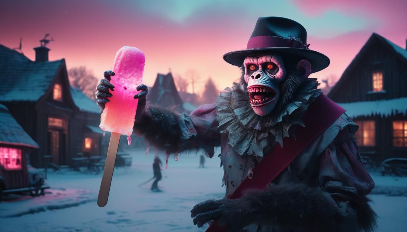 Surreal Zombie Monkey Clowns in Winter Village