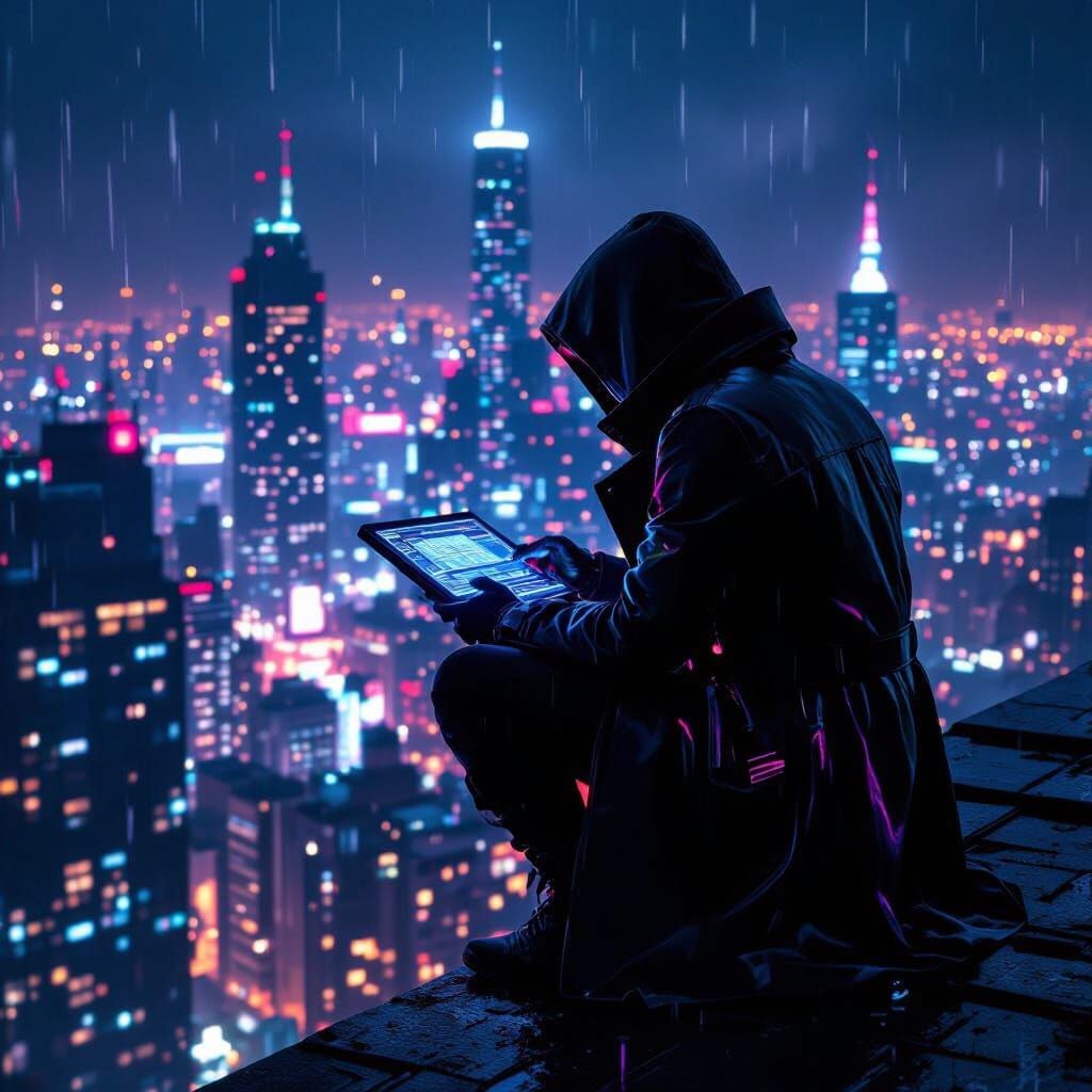 Cyberpunk Hacker in Rain-Slicked Metropolis