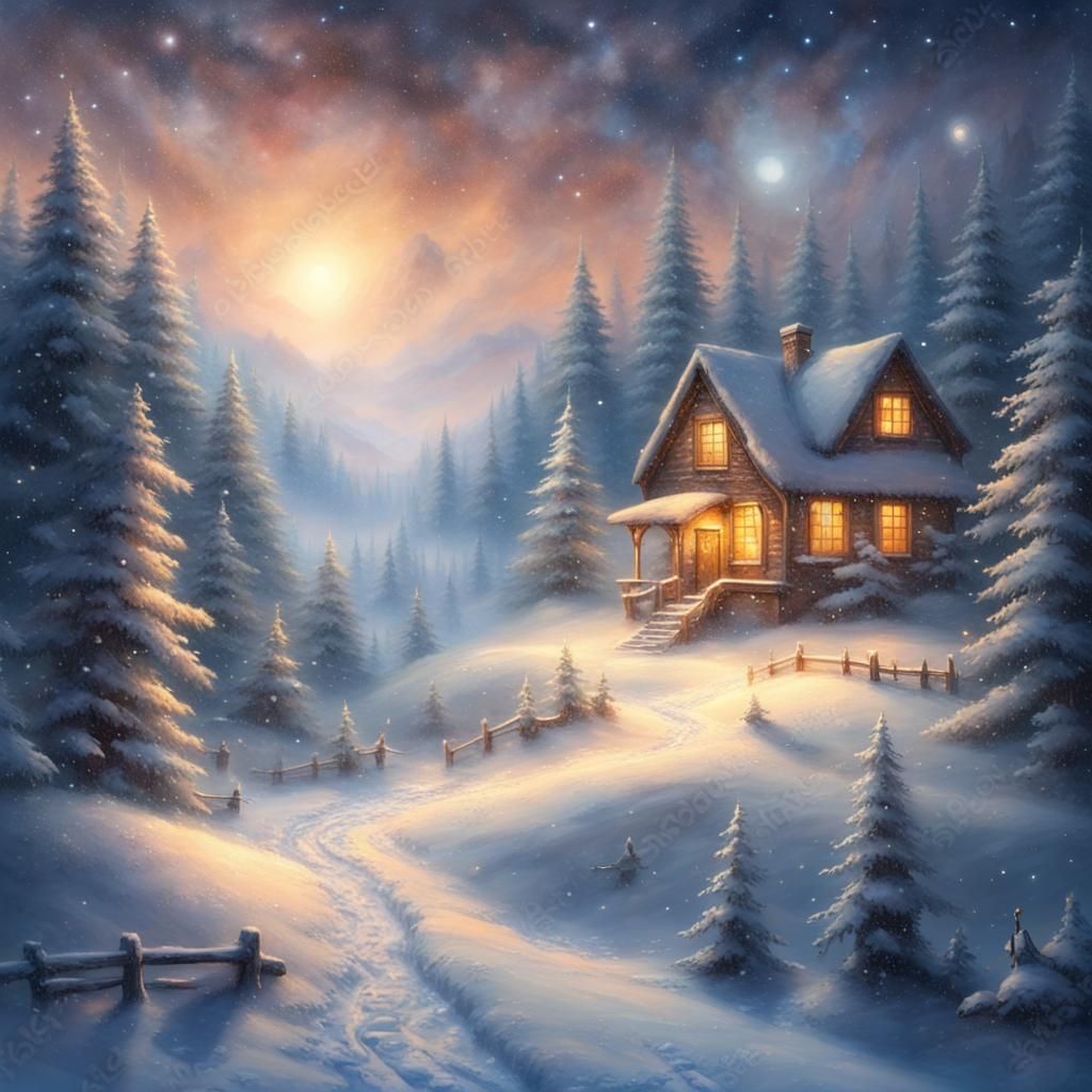 Winter Cabins Under a Starry Night Sky