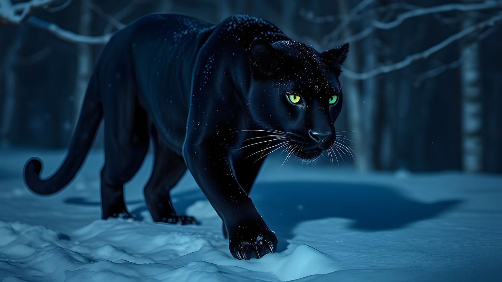Glowing Panther Prowls Midnight Snowy Forest in Cinematic 8K