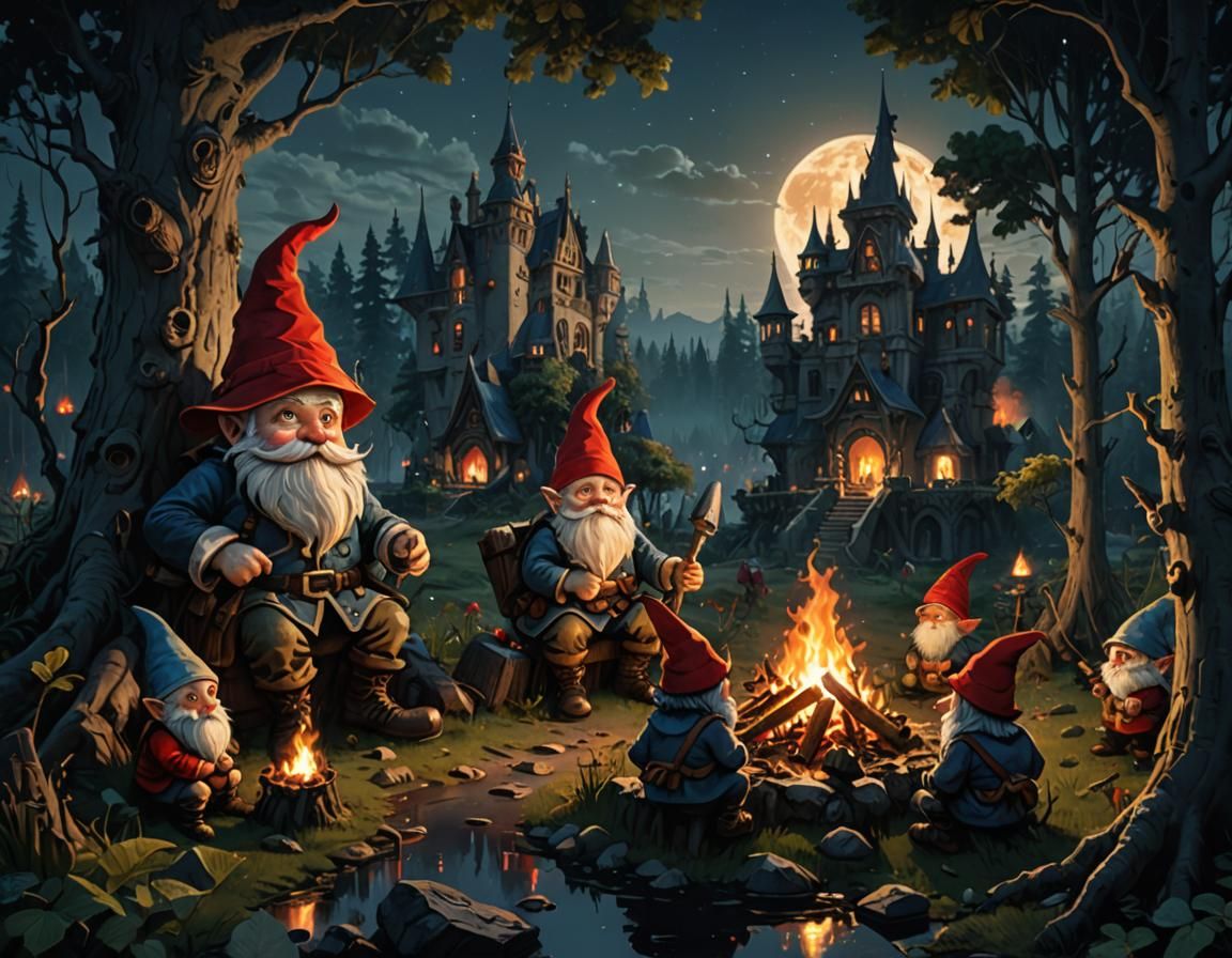 Gnomes Around Campfire in Forest, Dark Fantasy Art