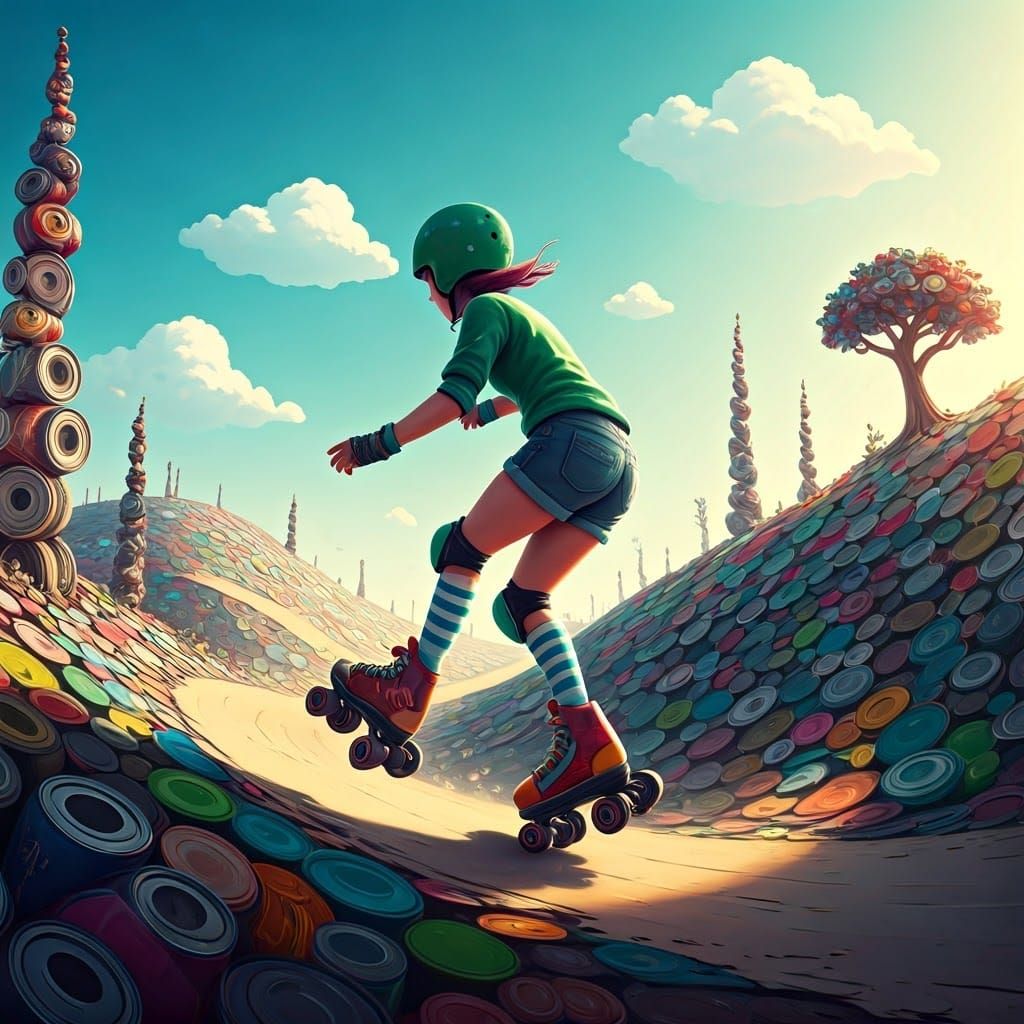 Roller Skater in Recycled World, Anime-Inspired Art