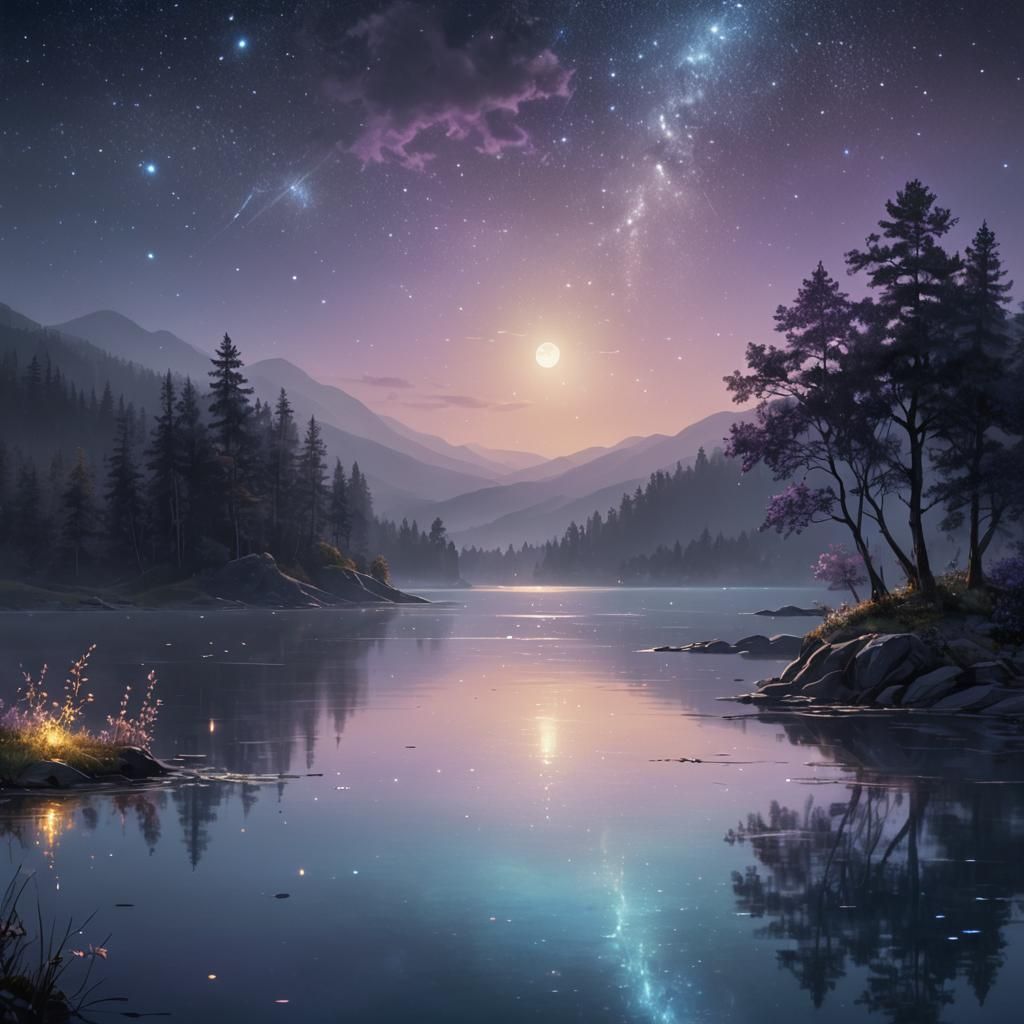 Moonlit Lake: Serene Fantasy Concept Art