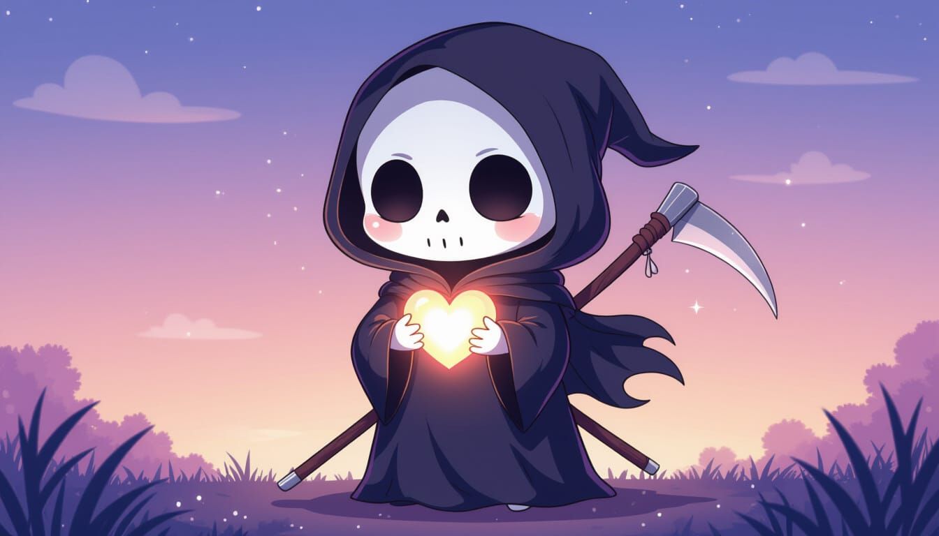 Cute Chibi Death Reaper Holding Glowing Heart