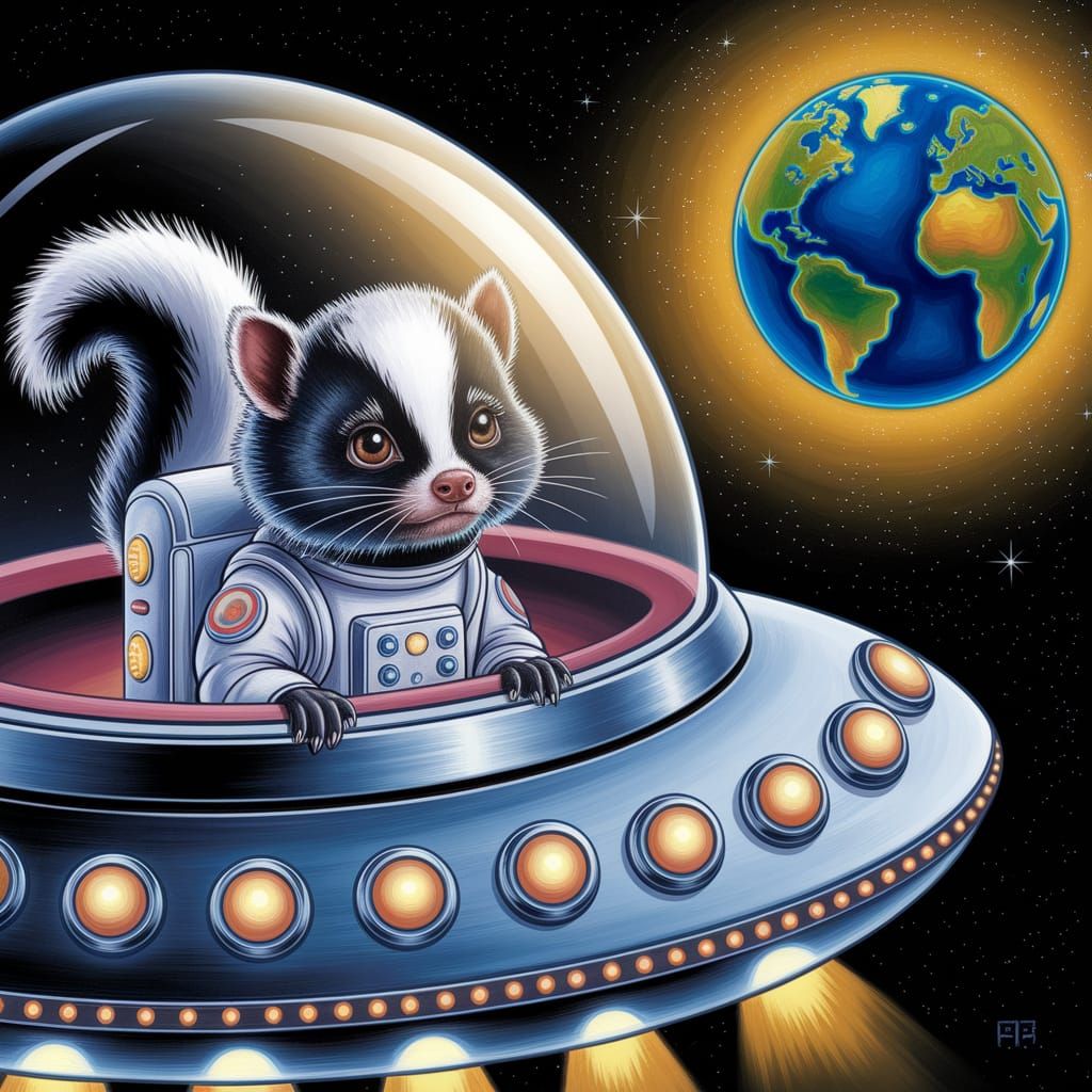 Skunk Astronaut in UFO Gazing at Earth: Gouache Painting