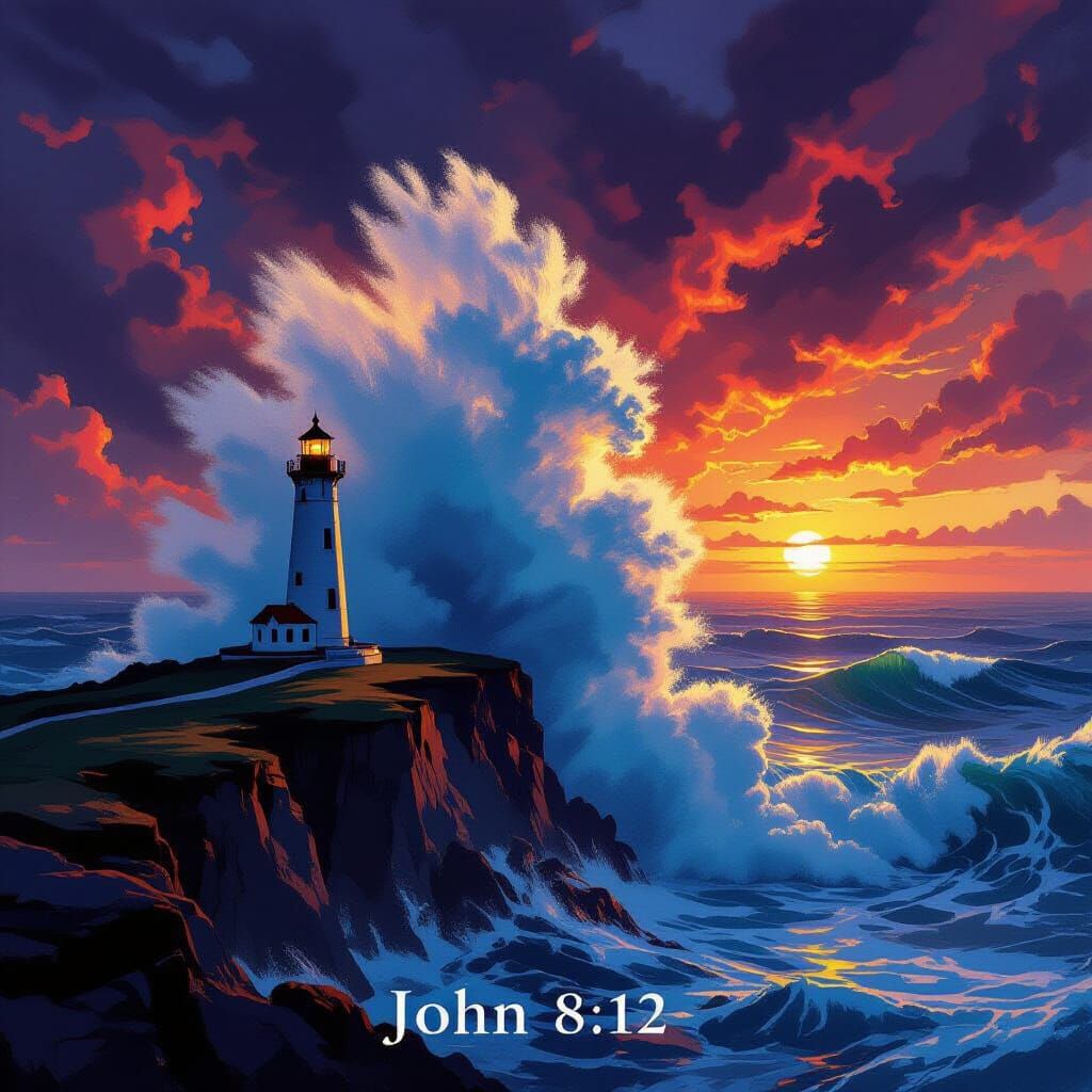 Lighthouse Faces Giant Wave at Sunset, John 8:12