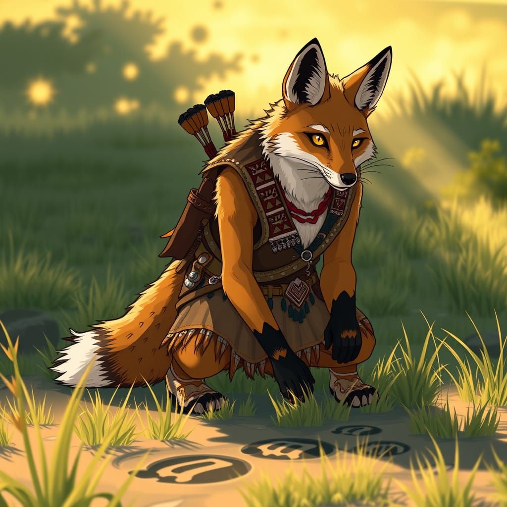 Anthropomorphic Coyote Examines Tracks in Native American At...
