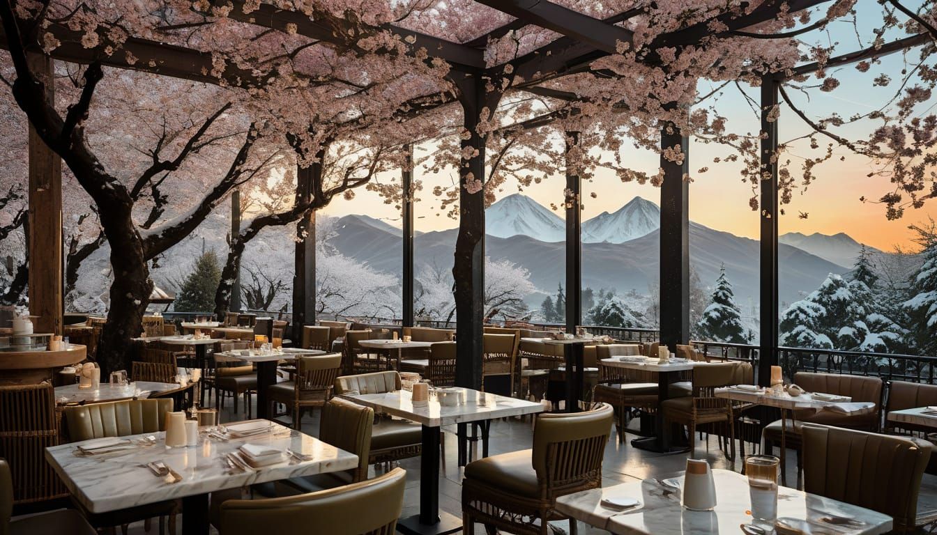Cafe Scene with Cherry Blossom Tree at Sunset