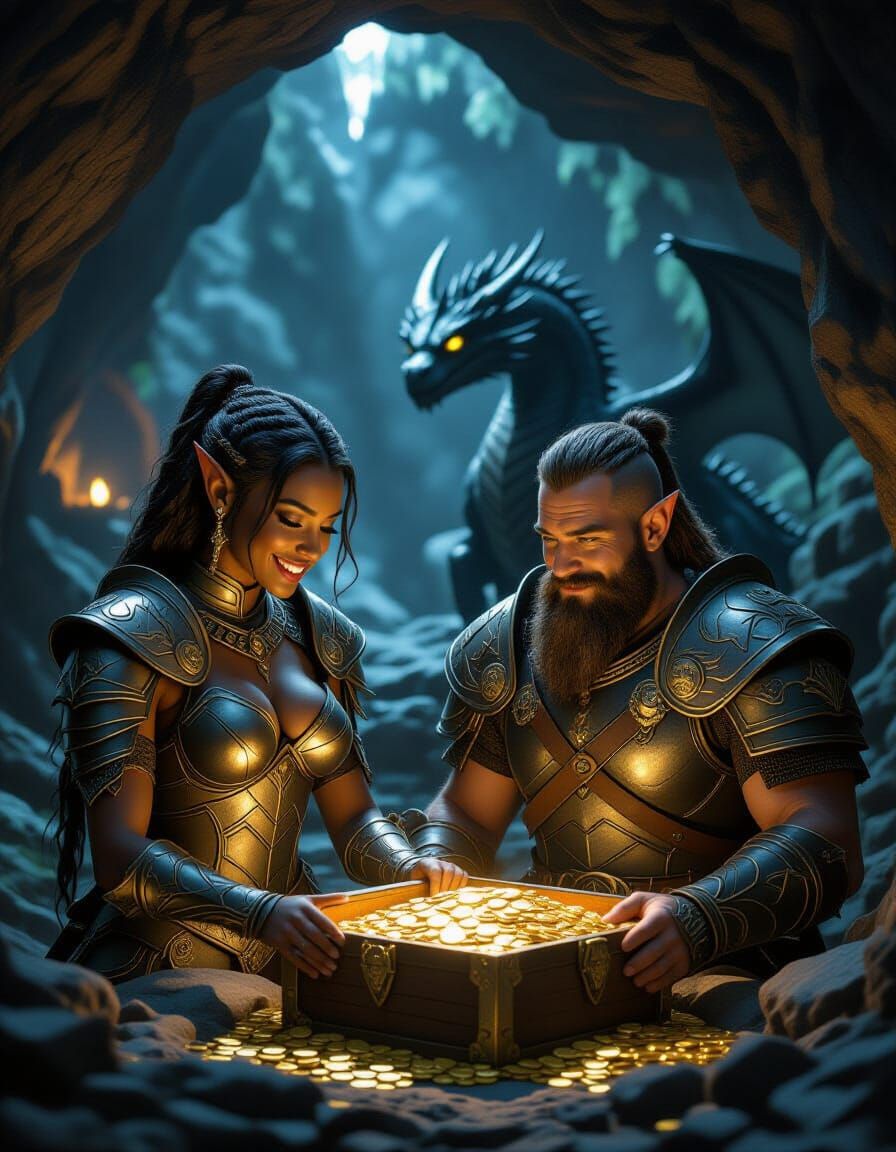 Elf and Dwarf Discover Treasure Under Dragon's Gaze
