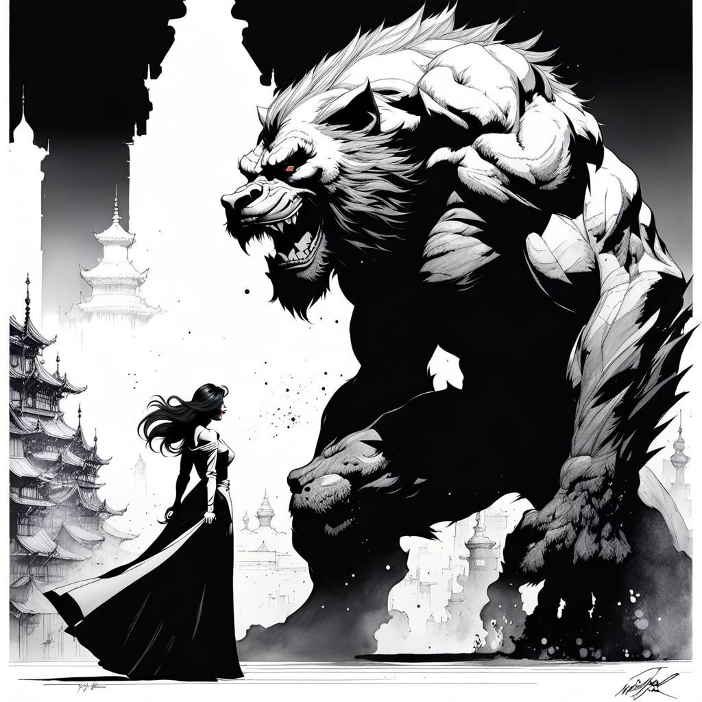 Belle and Beast in Ink Art Style