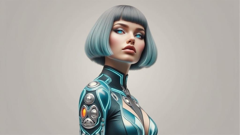 Buzz cut hair woman with turquoise hair, intense silver eyes...