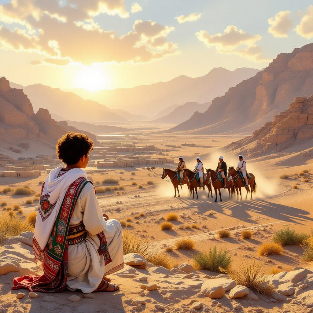 Bedouin Boy Watches Horsemen in Yemeni Valley