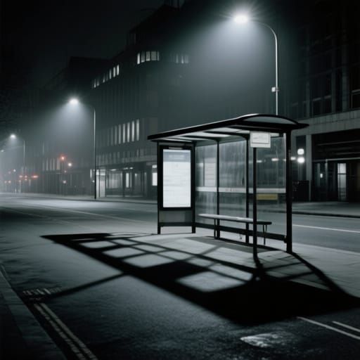Urban Bus Stop at Night with Stark Streetlight Glow