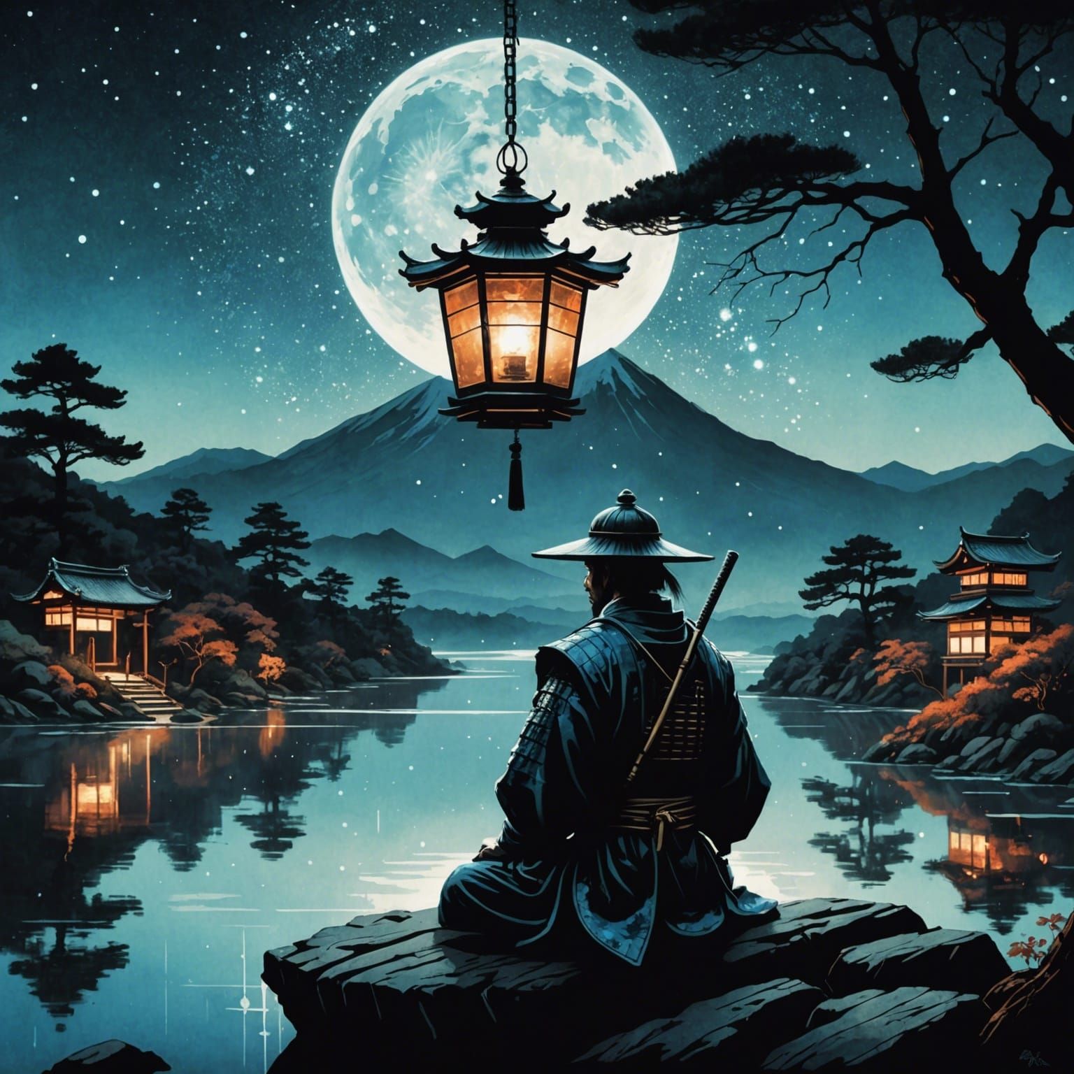 Lonely Samurai Under Lantern in Japanese Landscape