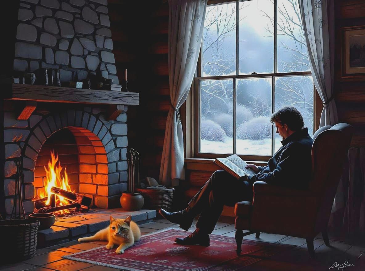 Cozy Scottish Cabin Scene with Fireplace and Reader