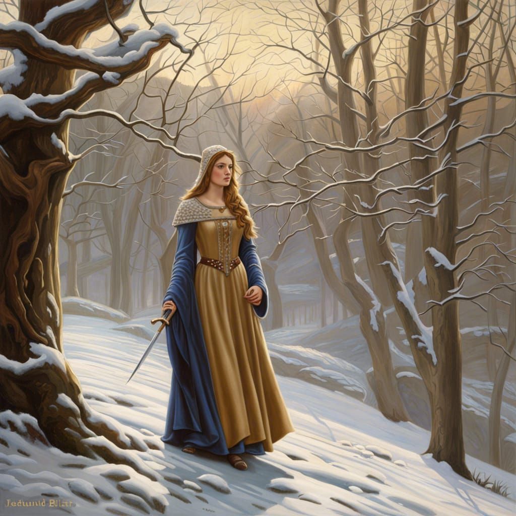 Medieval Maiden in Winter, Hyperrealistic Painting