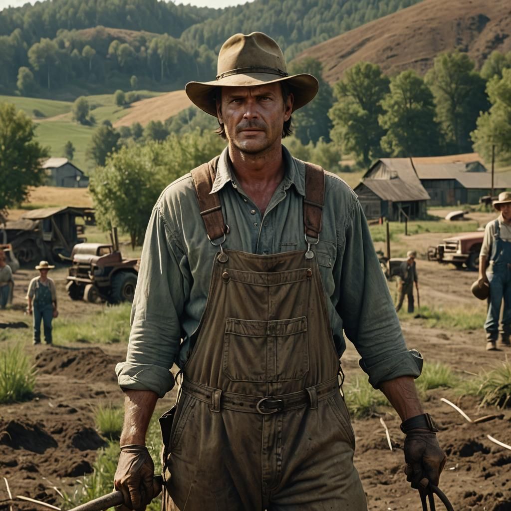Rustic Realism Portrait of Farmer with Pitchfork