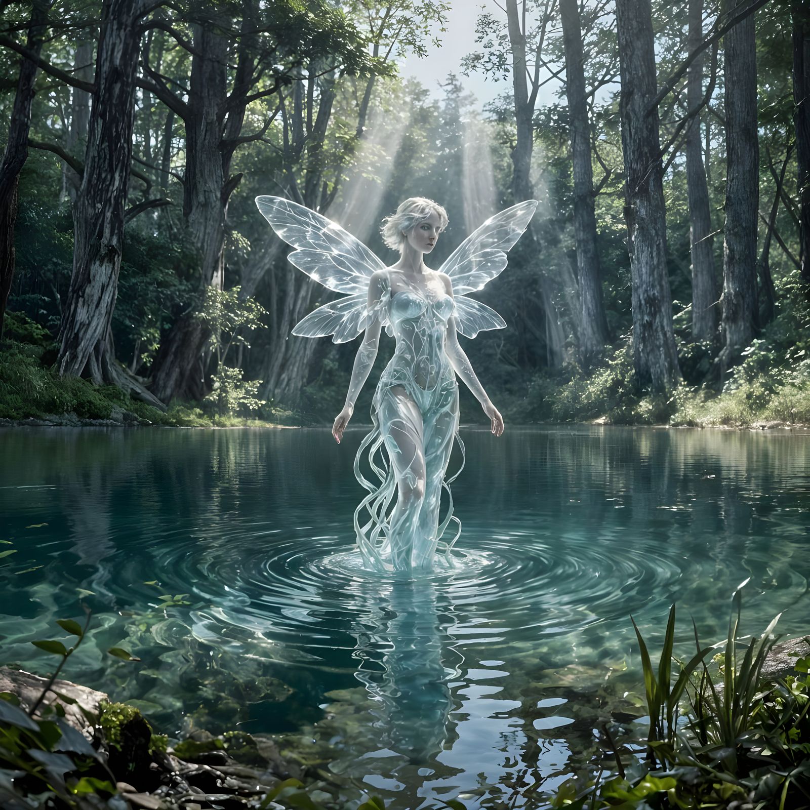 Water Fairy in Forest Lake, Art Nouveau Style