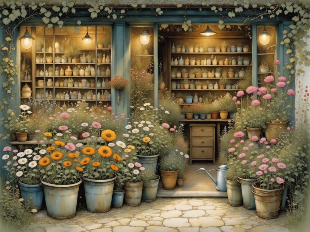 Vintage Flower Shop in Warm Evening Light
