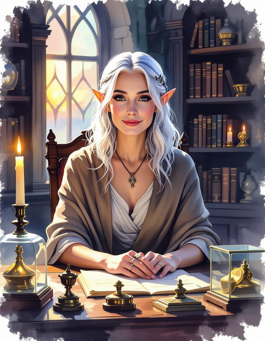 Elf Woman in Candlelit Study, Impressionist Watercolor Style