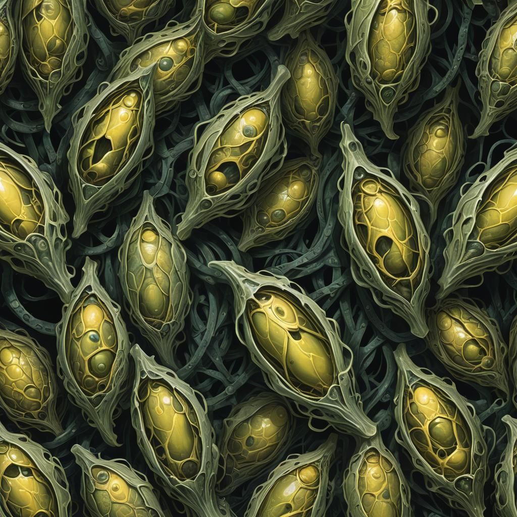 Ominous Cocoons: A Dark, Bioluminescent Illustration